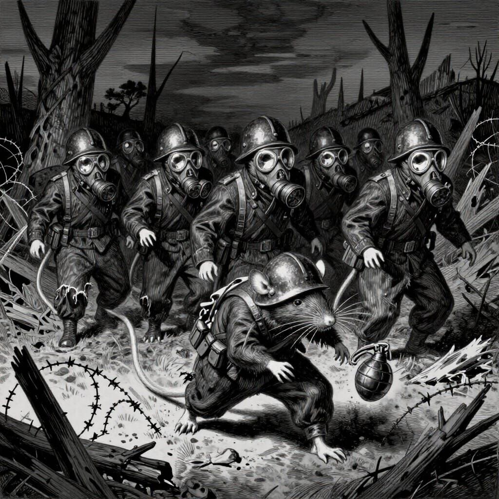 Rats in Military Gear Advance Through War-Torn Night