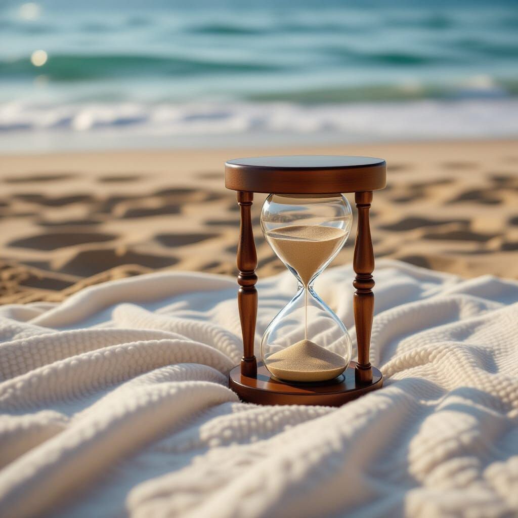 Hourglass on a beach blanket made of soft fabric next to the...