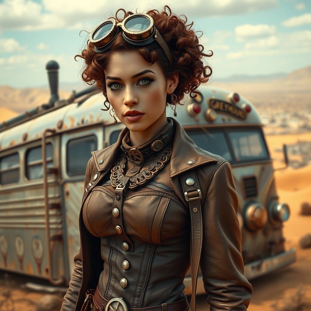 Steampunk Goddess Beside Retro-Futuristic Bus in Desert Land...