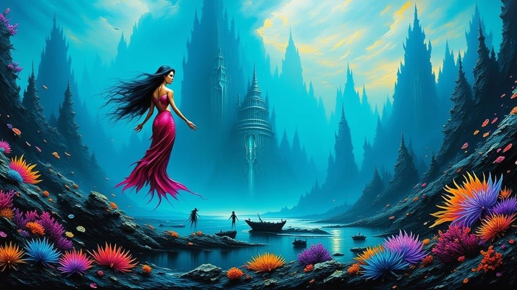 Underwater City with Mermaids and Mermen in a Fantastical, D...