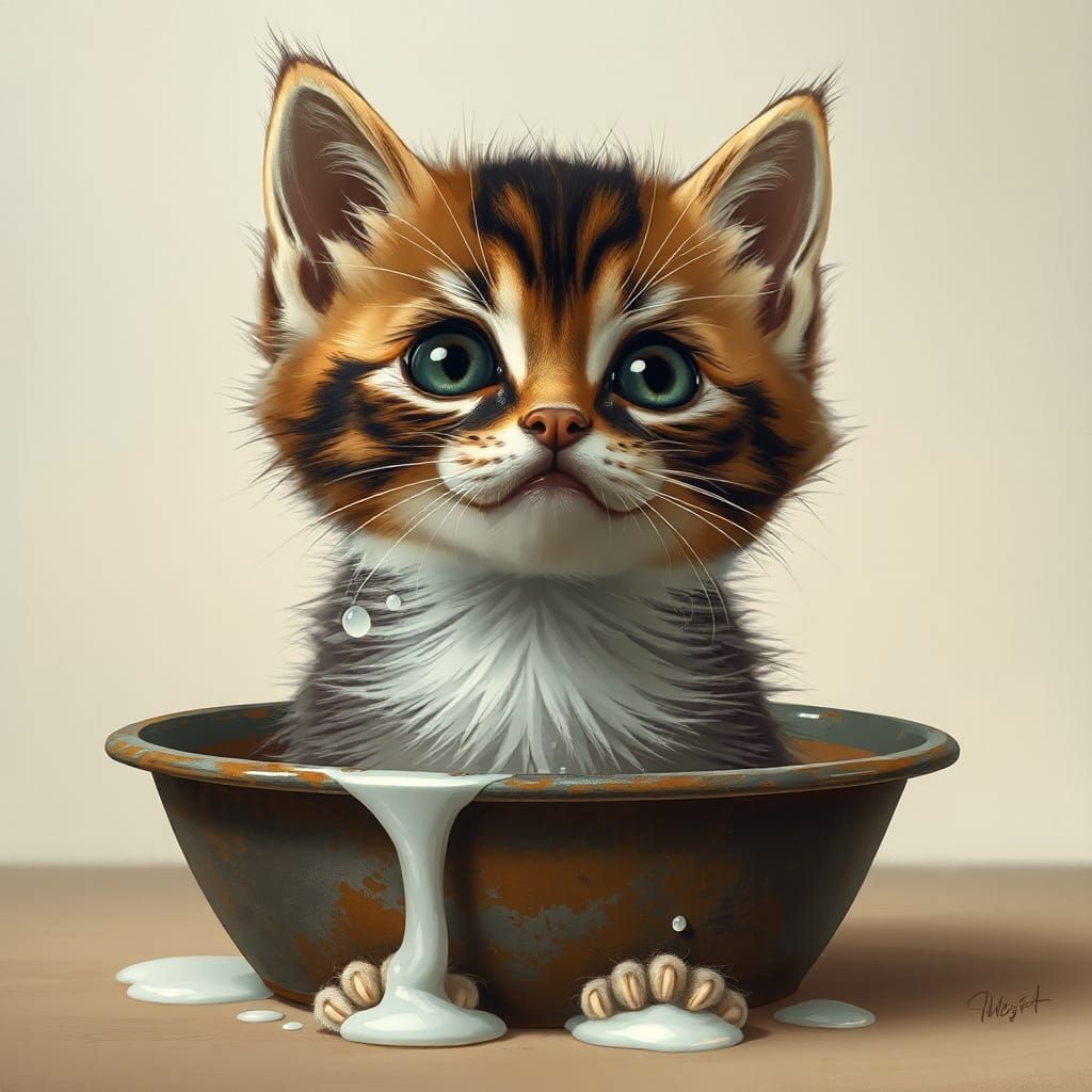 Pleading Kitten with Sad Eyes in Digital Painting