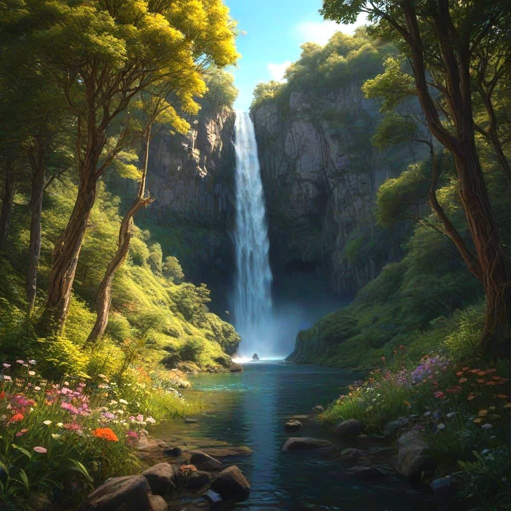 Epic Cinematic Landscape with Majestic Waterfall and Loch