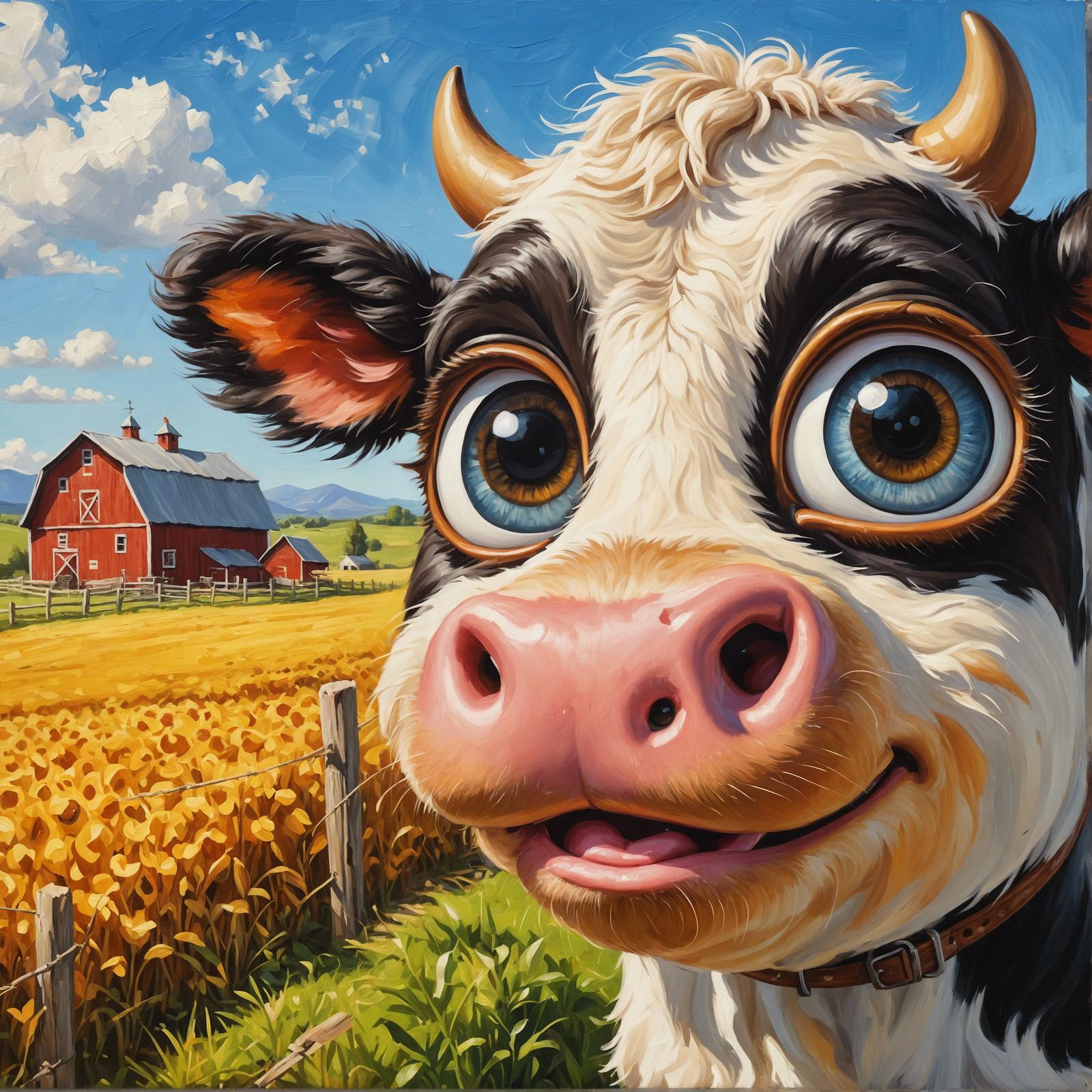 Cartoon Cow with Mustache in Oil Painting Style