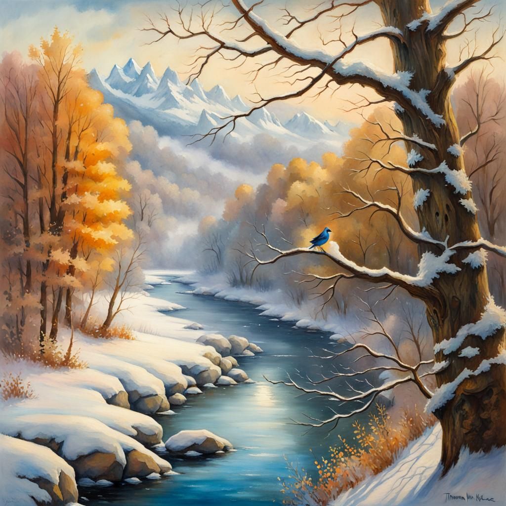 Winter Riverscape with Bird, in Impressionist Gouache Style