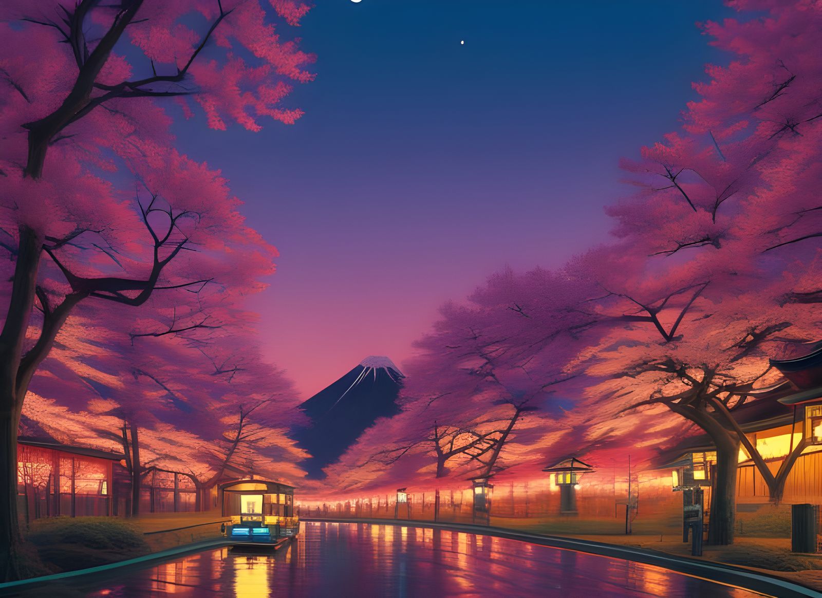 Nighttime Spring in Japan: Digital Art Illustration