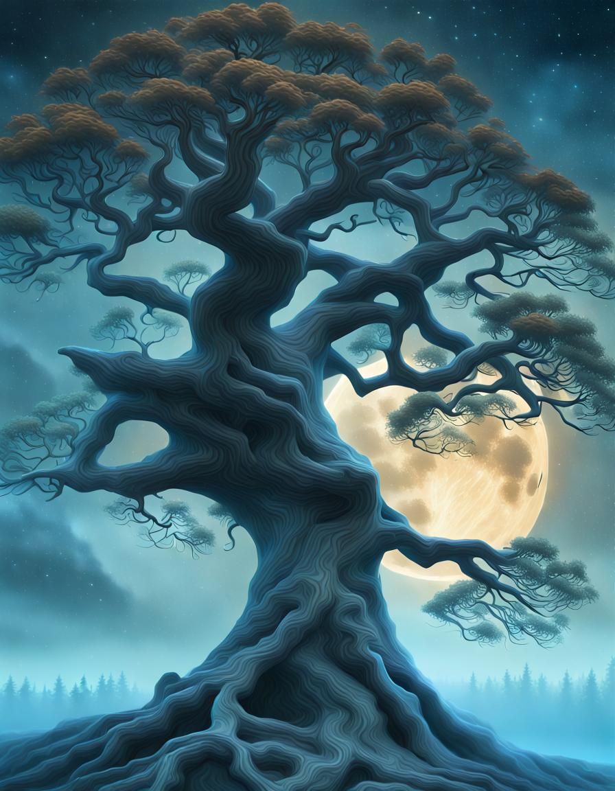 Mystical Yggdrasil Bonsai in Tonalist Winter Landscape