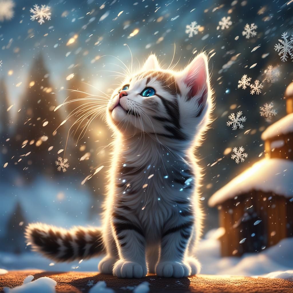 Kitten Plays in Snowy Sunlight: Fantasy Concept Art