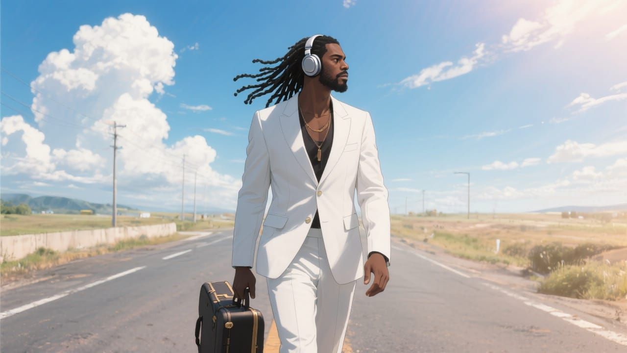 Anime Style Man with Guitar on Deserted Road
