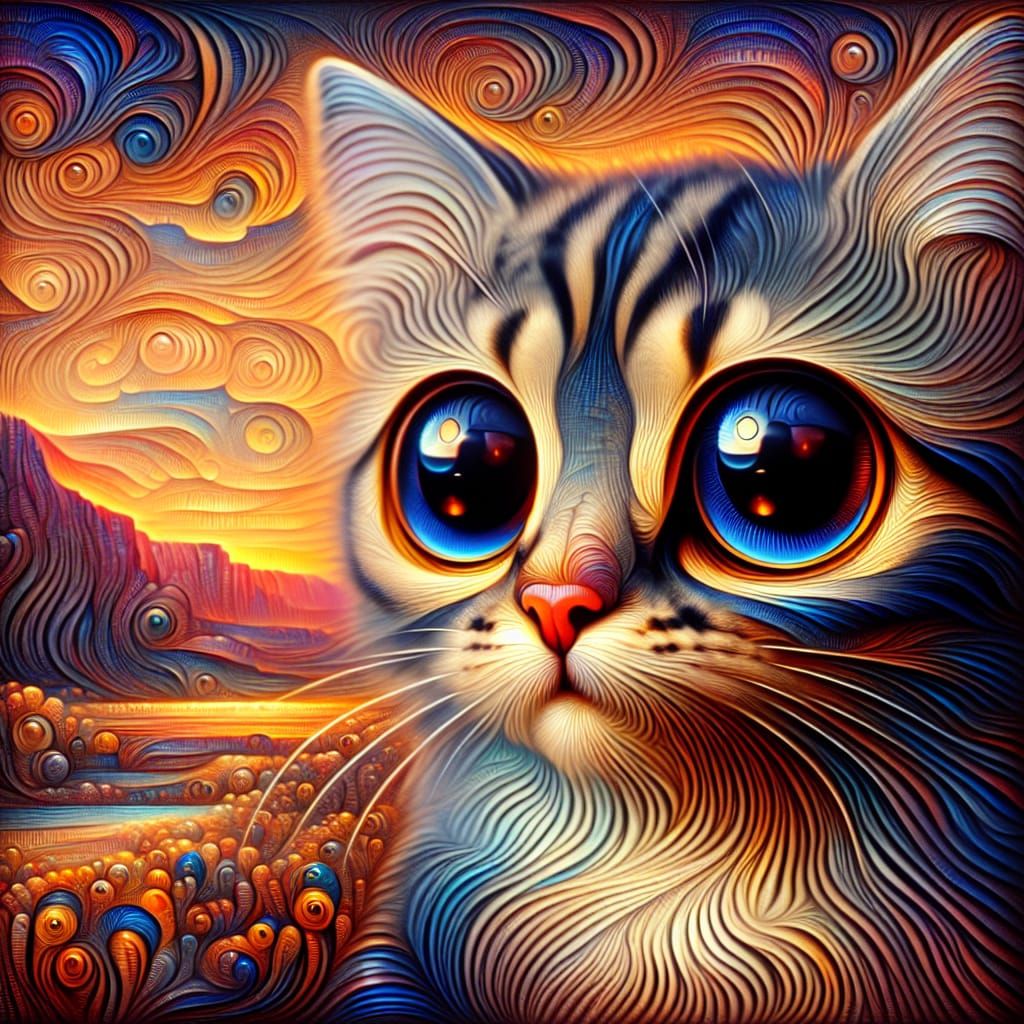 Winsome Big-Eyed Cat in Keane Style