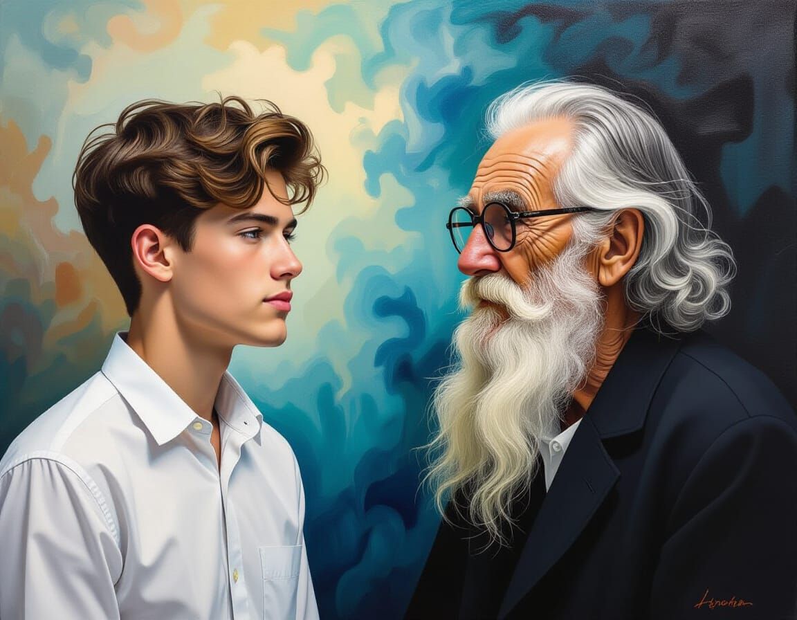 Young Man Dreams of Future in Surreal Oil Painting