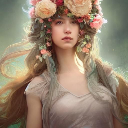 Floral Haired Woman: Hyperdetailed Art Nouveau Portrait