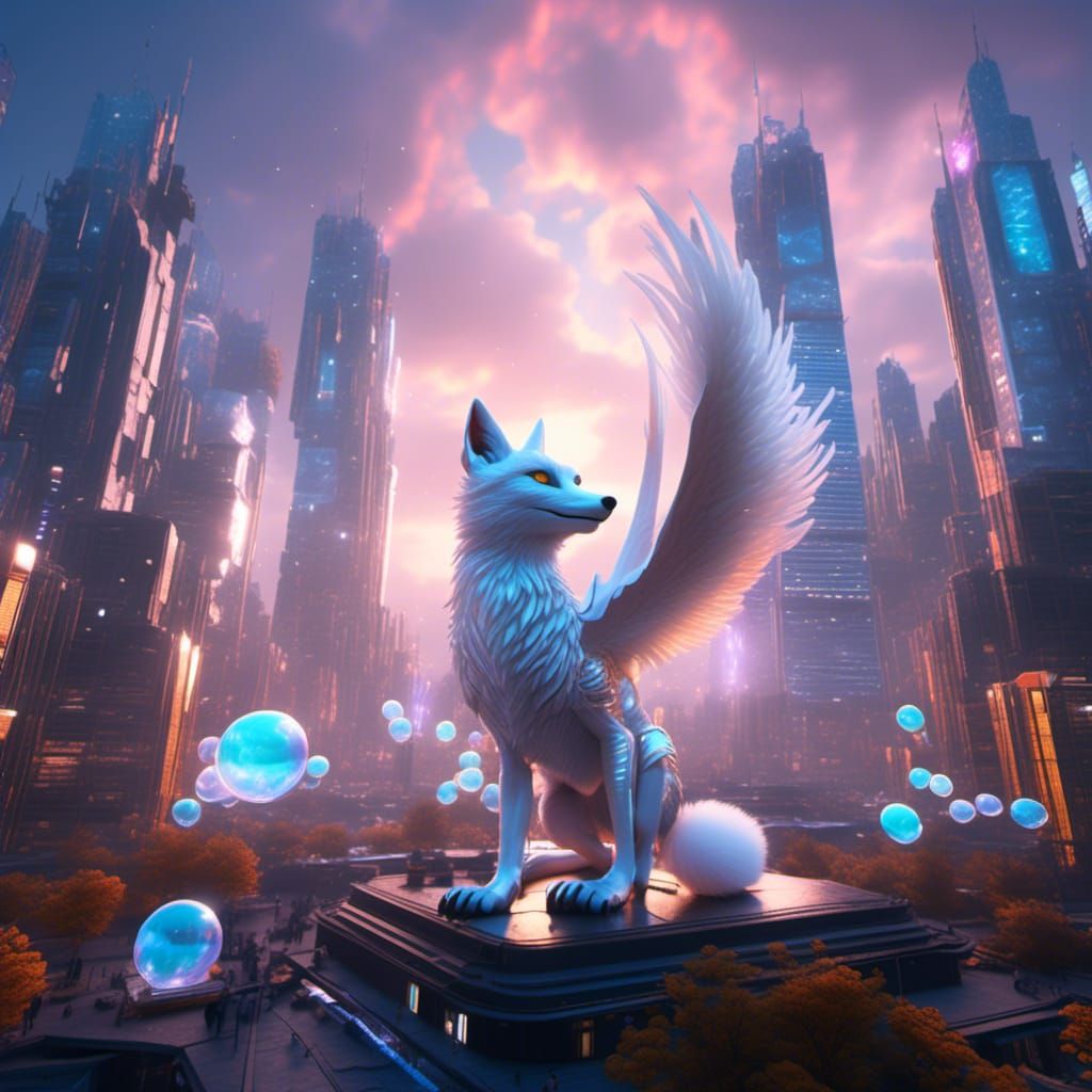 Neon Fox Wyvern in Futuristic Cityscape