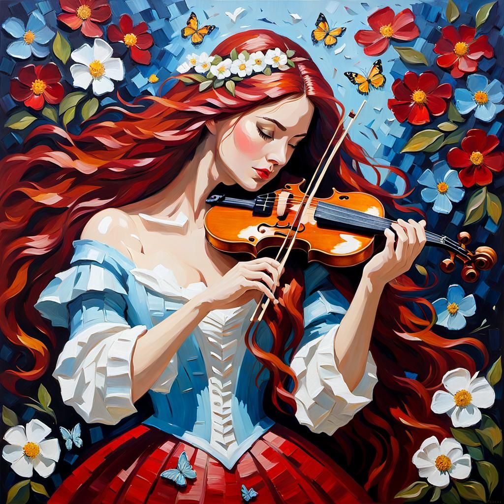 Renaissance Girl Playing Violin as Impasto Painting