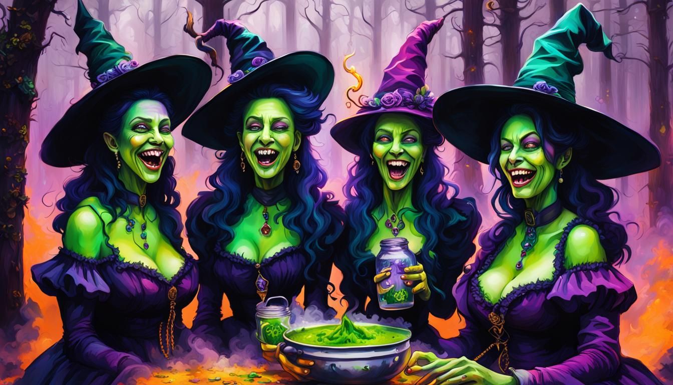 Three witches sharing match green chai!