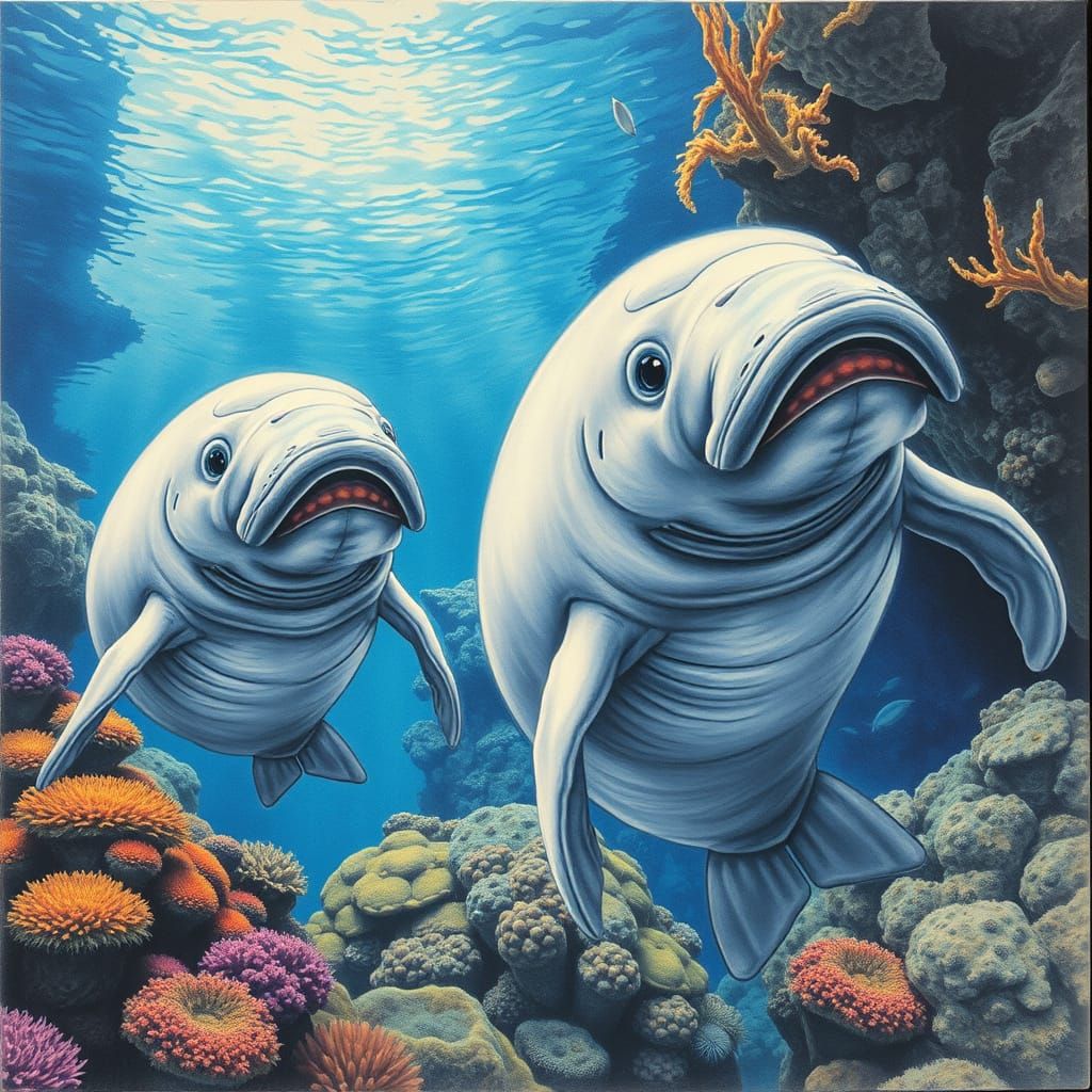 Dugongs in Vibrant Aquarium, Detailed Charcoal Drawing