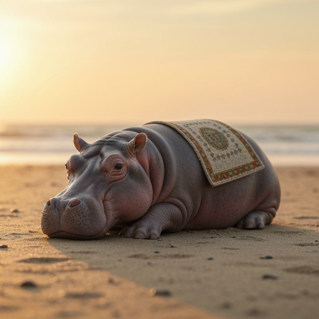 Whimsical Hippo on Sandy Beach at Sunset