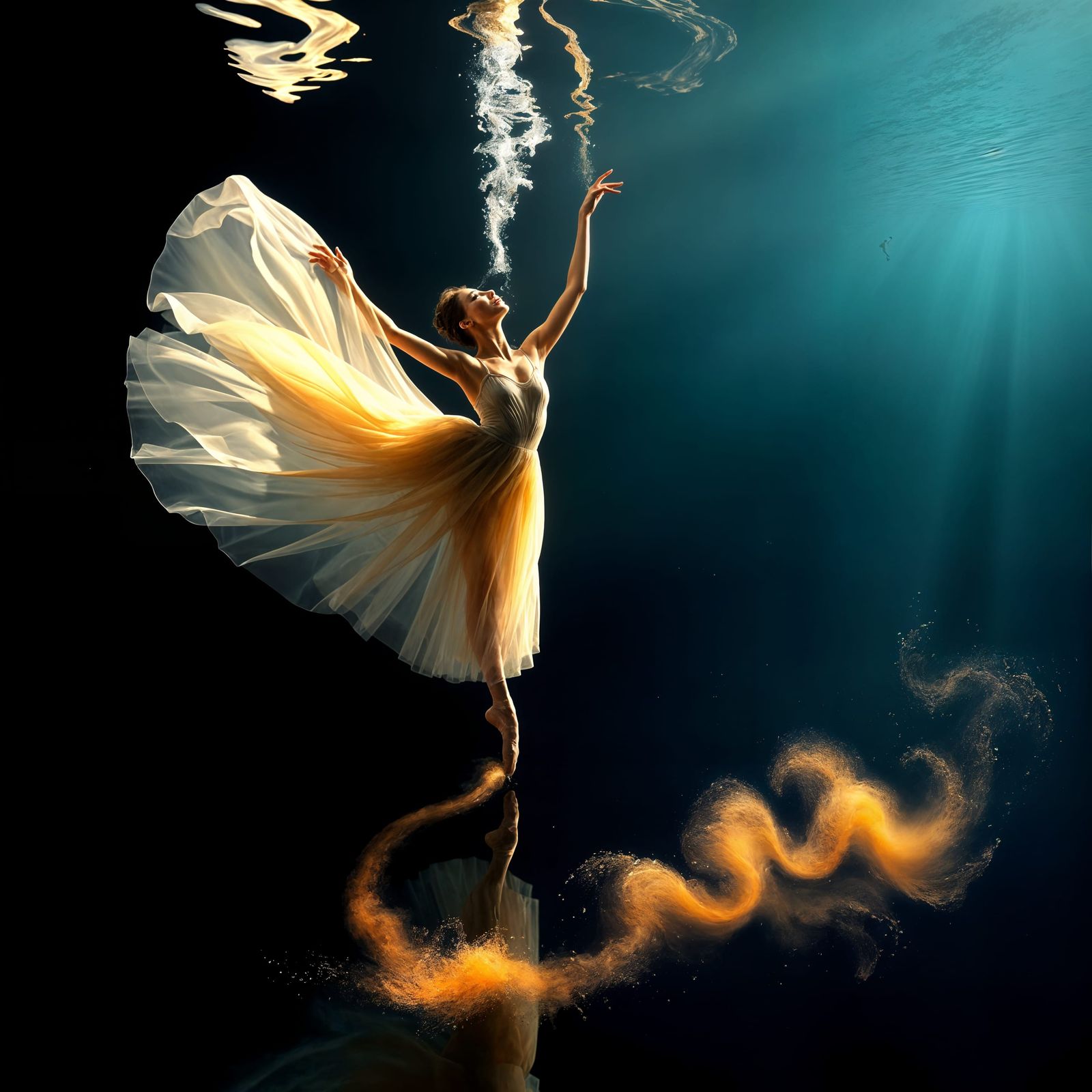 Underwater Ballet Dancers in a Dark Stage