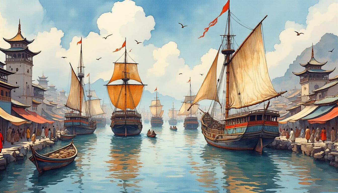 Bustling Seaport Inspired by Silk Road Caravans