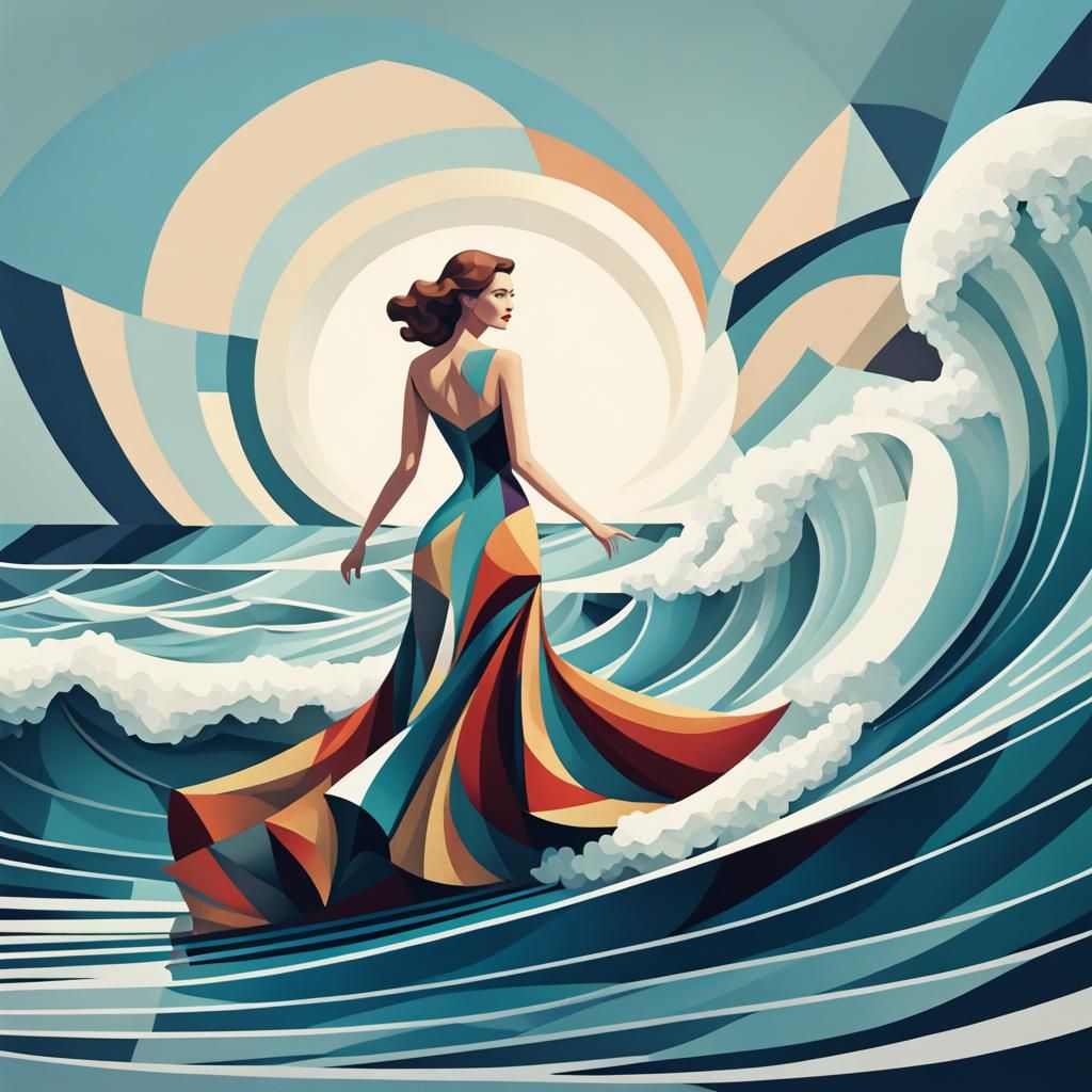 Woman on Wave: Geometric Fauvism Art Deco Painting