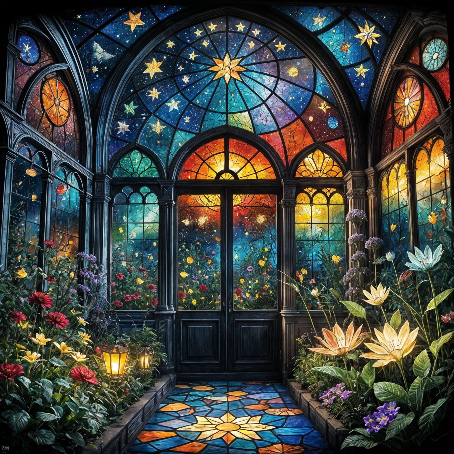 Enchanted Stained Glass Greenhouse Under the Stars