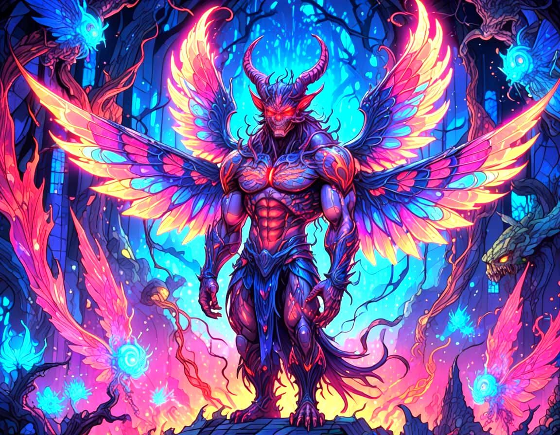 Demonic Manga Monster with Fairy Wings in Psychedelic Style