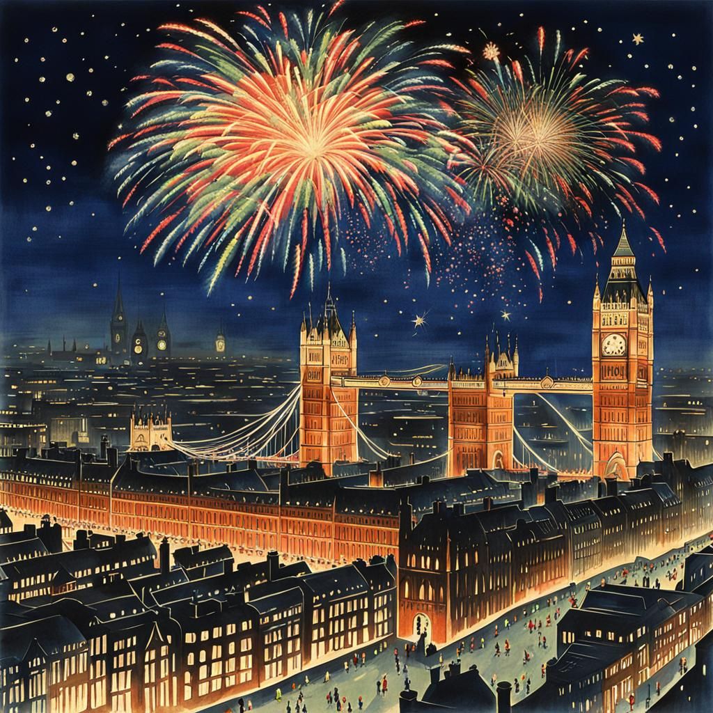 London Fireworks Display in Anime Art Style