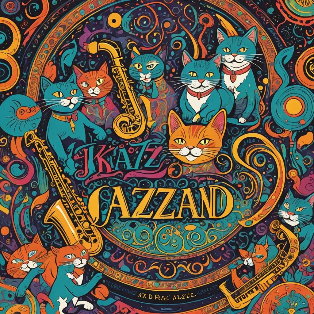 Anthropomorphic Cats Jazz Band in Art Nouveau Style