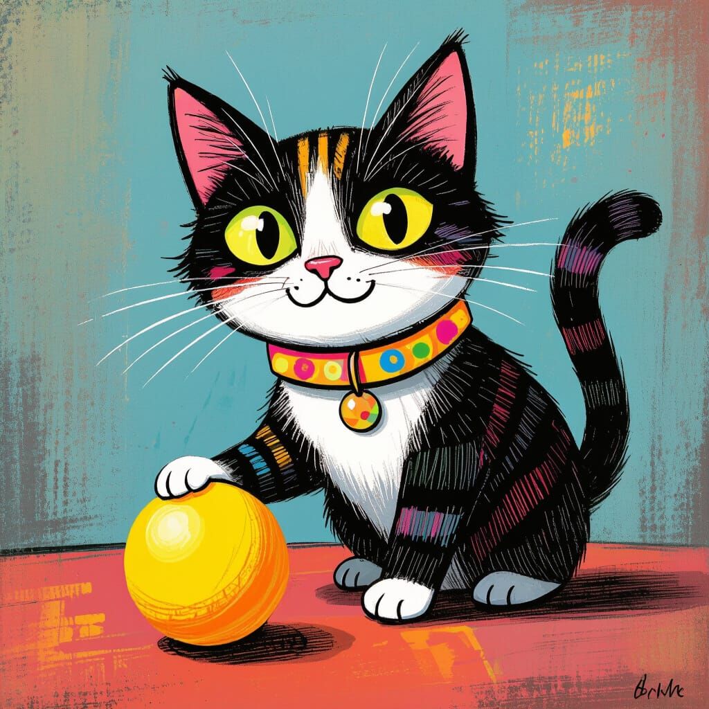 Whimsical Cat Portrait with Yellow Ball