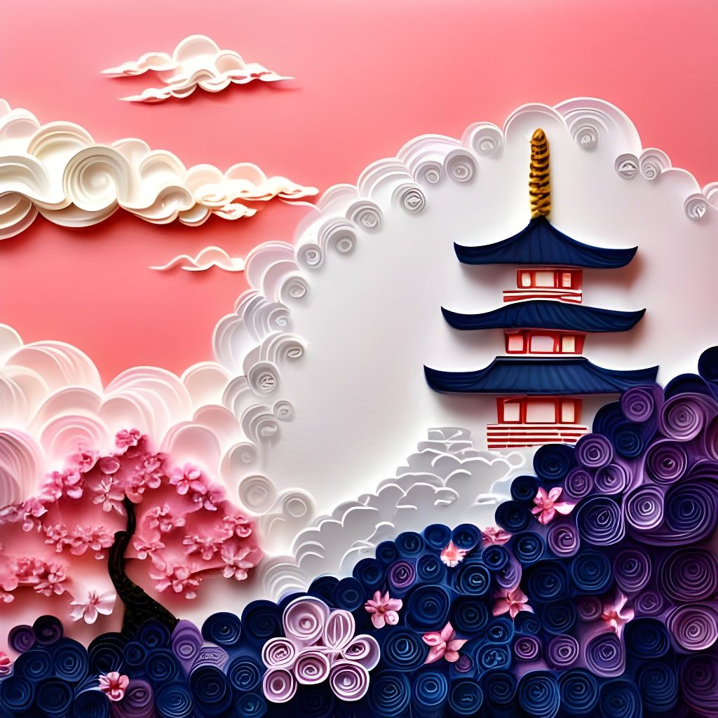 Japanese Temple Sunset in Paper Quilling Illustration