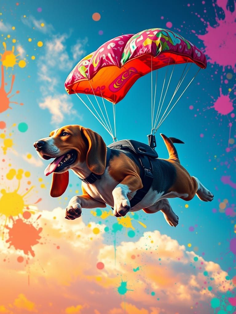 Basset Hound Skydiving with Colorful Graffiti Art