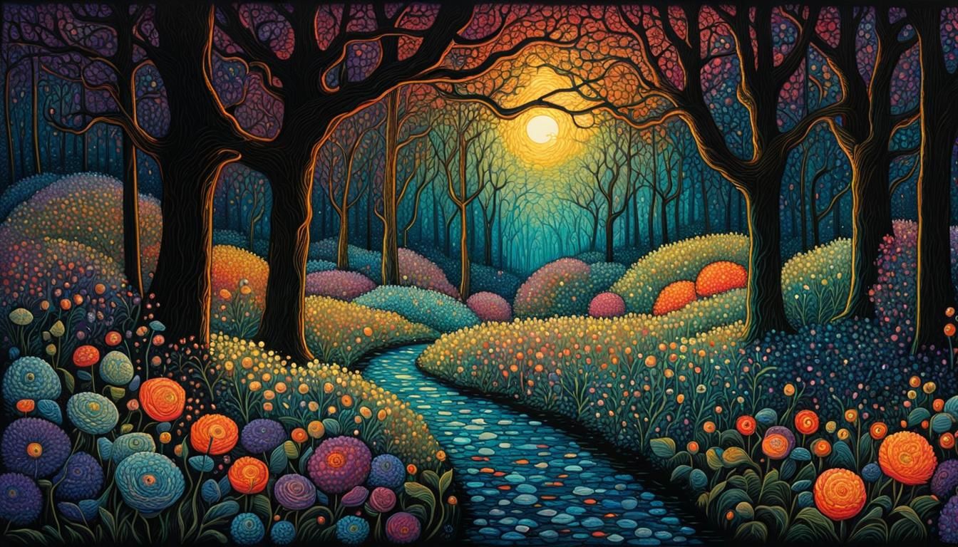 Enchanted Garden in Black Light Art Style