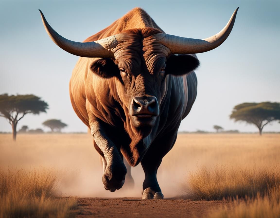 Humongous Bull Grazing on African Plain in 8k