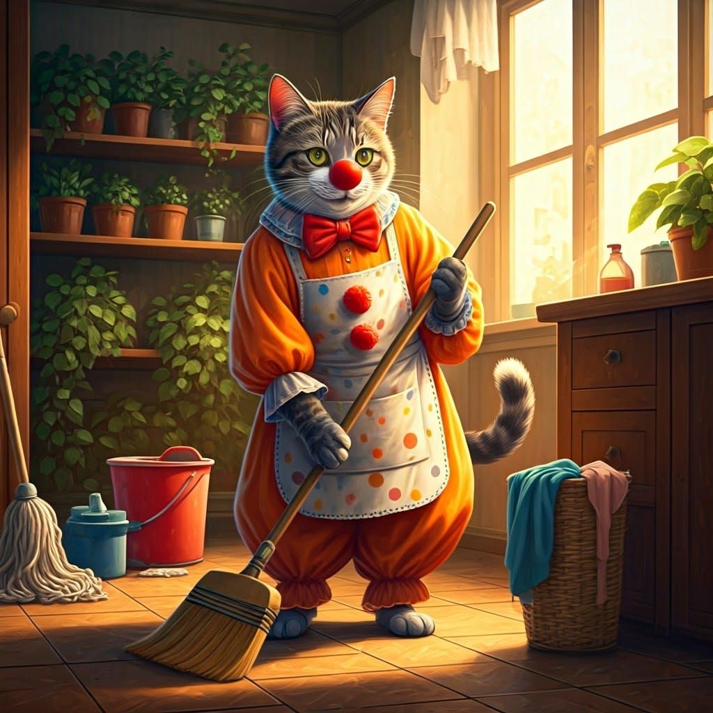 Whimsical Household Scene with a Feline Clown