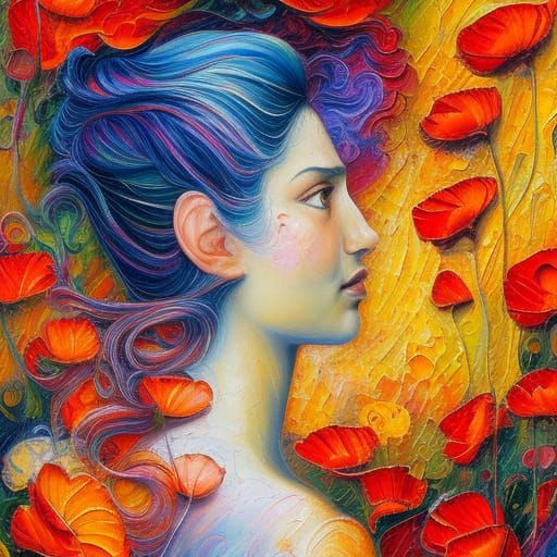 Colorful Impasto Portrait with Flowers