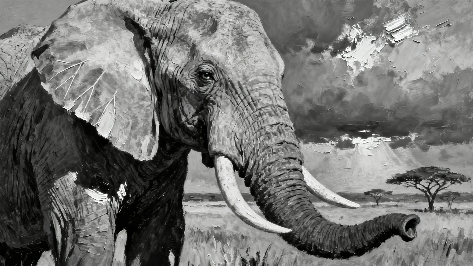 Monochrome Elephant Matriarch Impasto Painting
