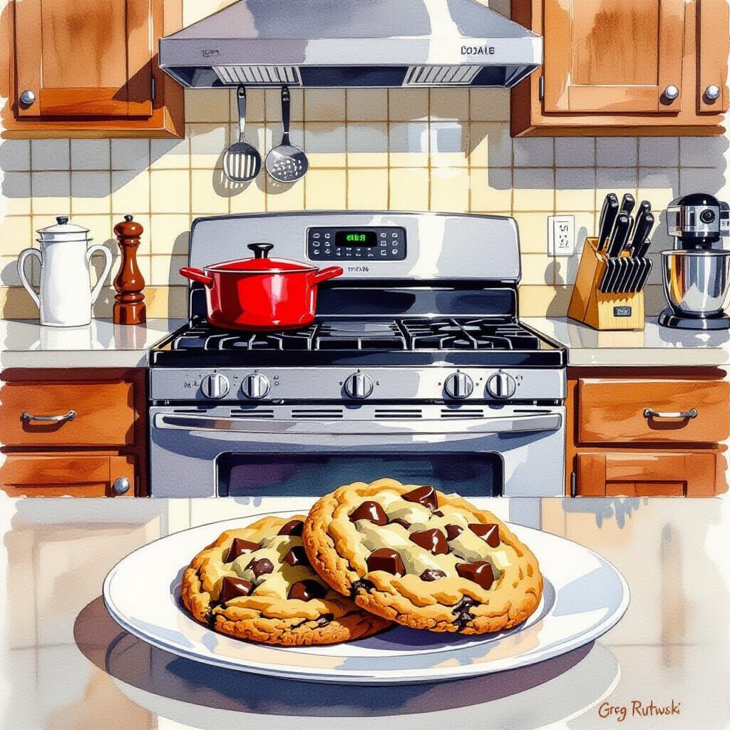 Chocolate Chip Cookie on Platter in Watercolor Style