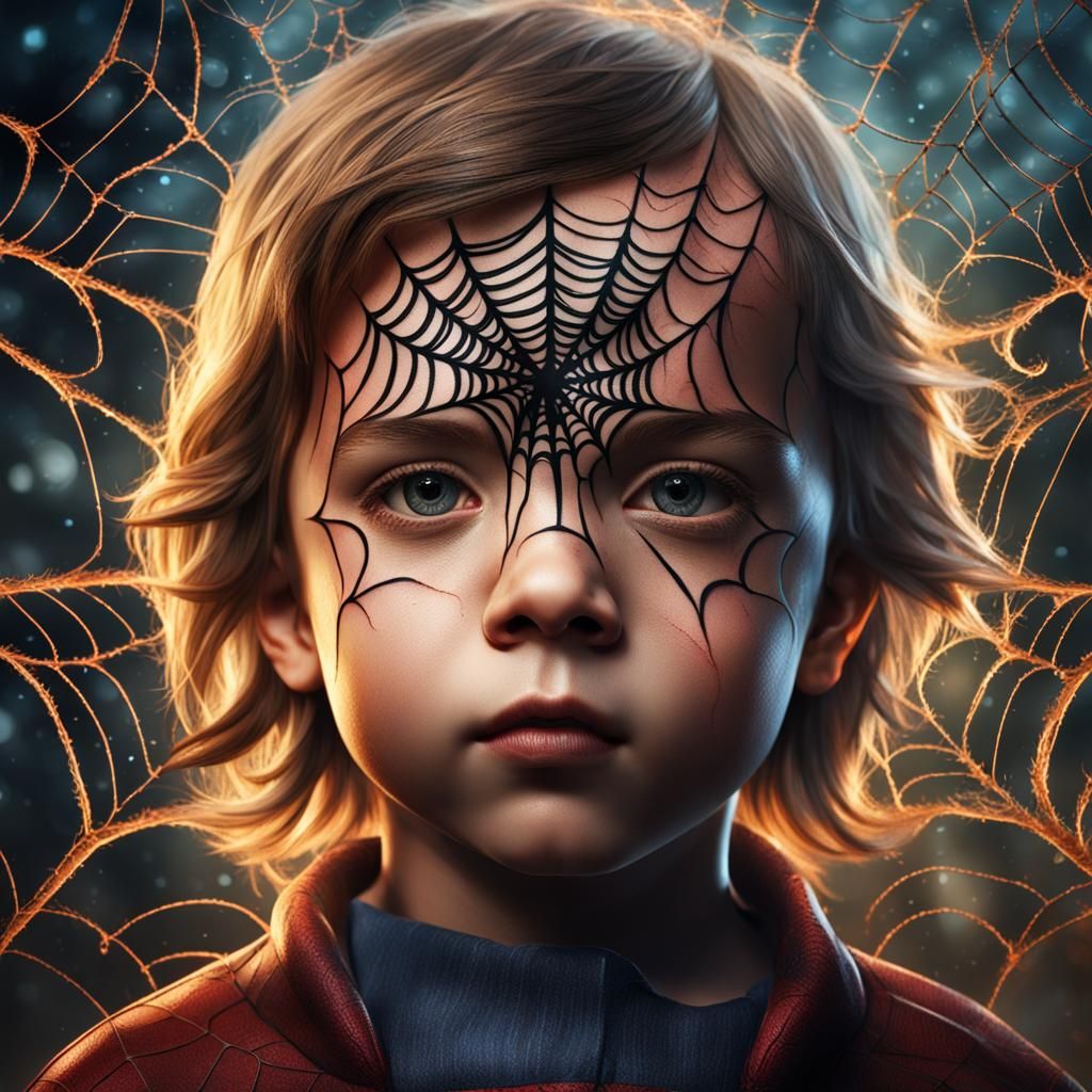 Child's Face with Spiderweb Tattoo: Detailed Matte Painting