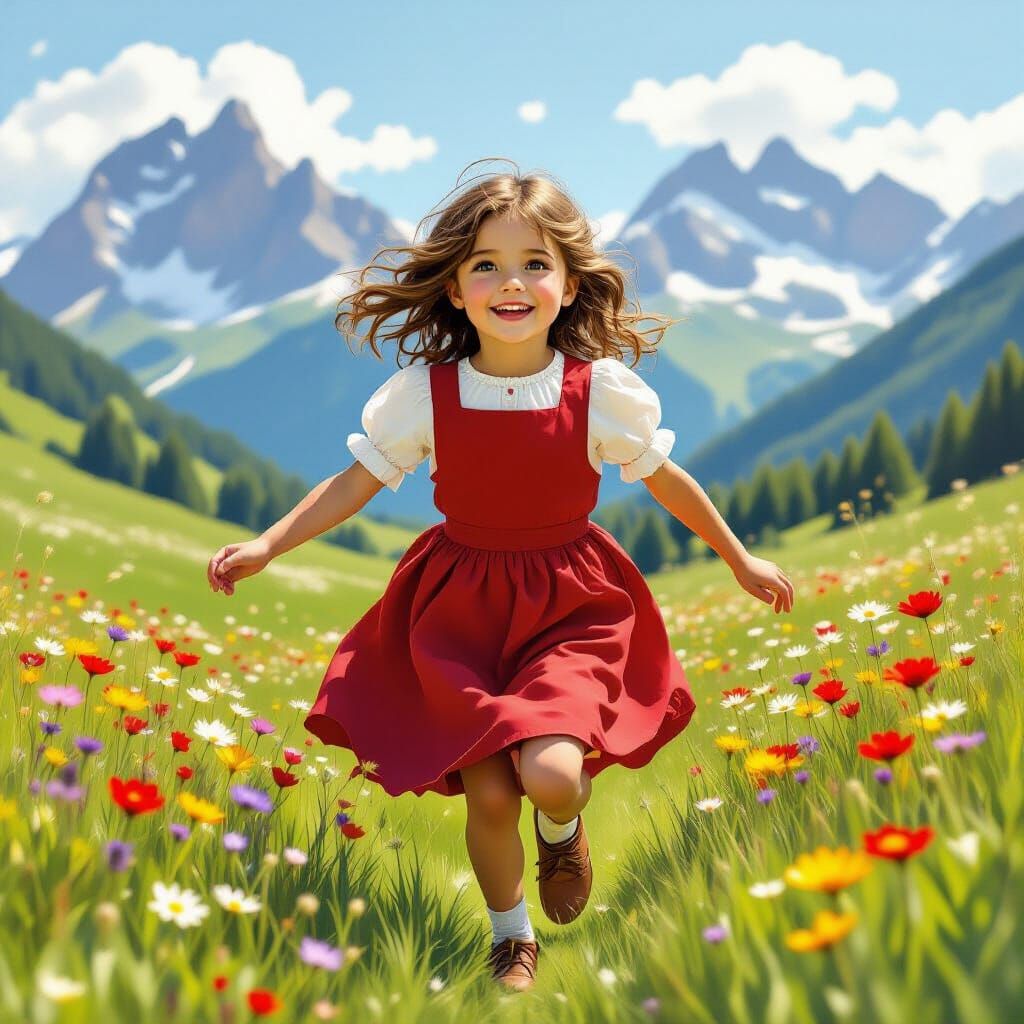Joyful Girl in Alpine Meadow - Digital Painting