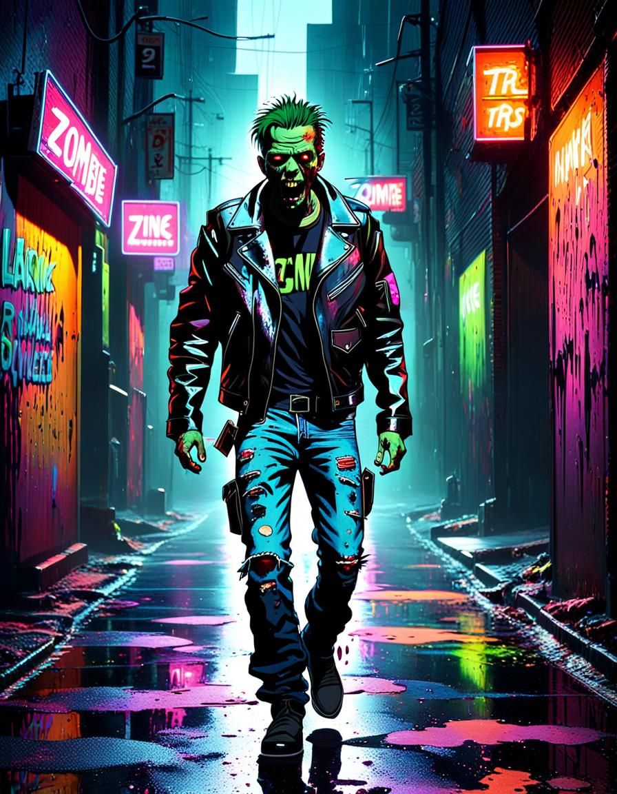 Redneck Zombie in Neon Alleyway, Retro-Futurism Style