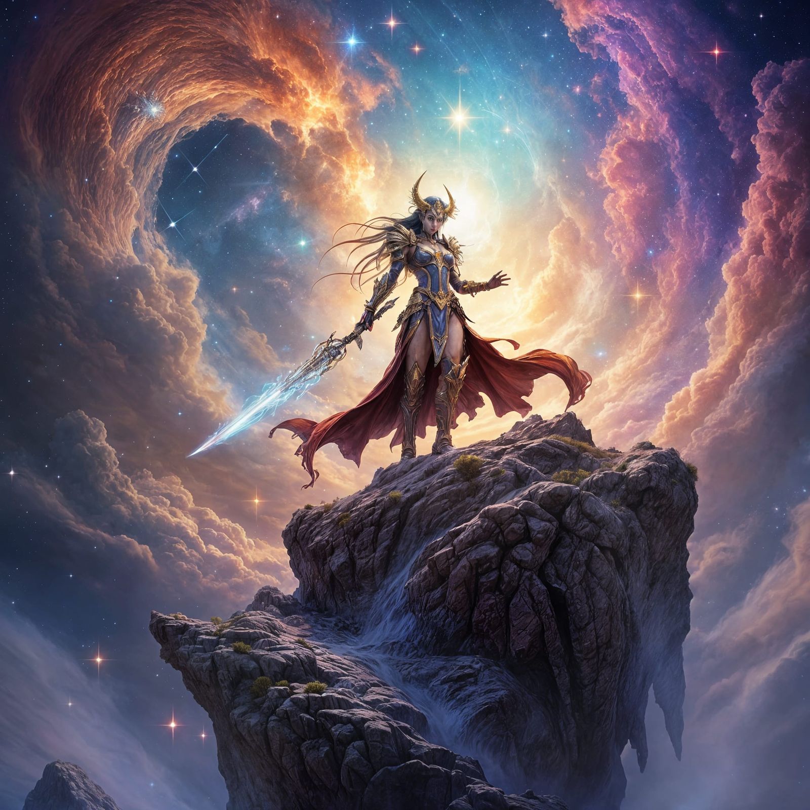 Aeldari Warrior in Cosmic Landscape, Hyperrealism