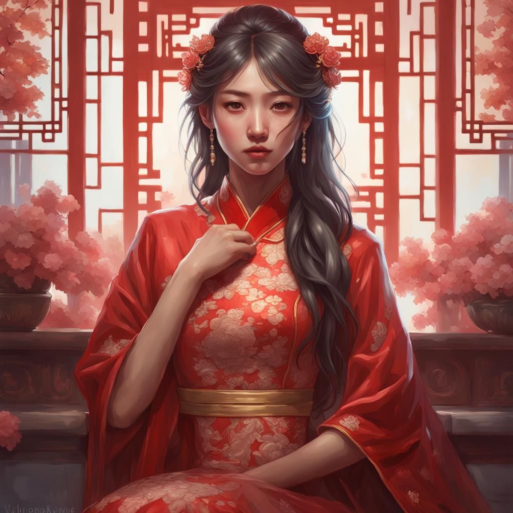 Chinese Woman in Red Wedding Dress, Hyperdetailed Portrait
