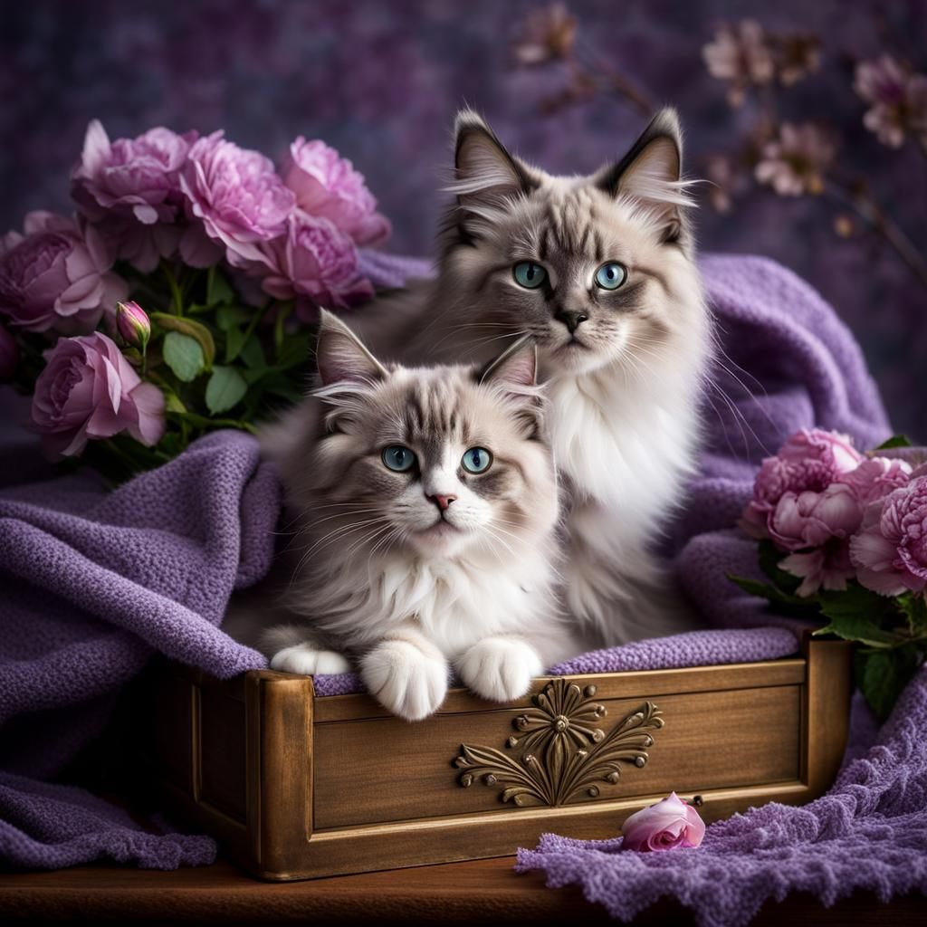 Gray Tabby Ragdoll Cat and Kittens in Box