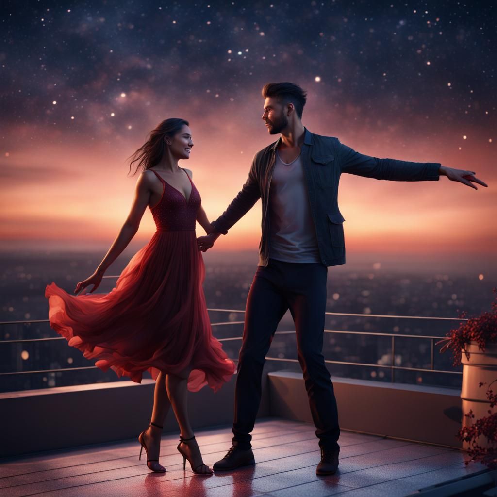 Romantic Rooftop Dance Under Starry Sky