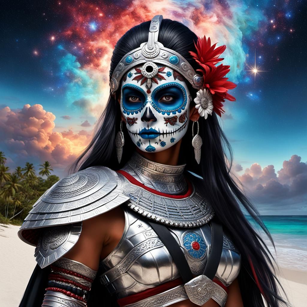 Aztec Woman in Armor on Tropical Beach