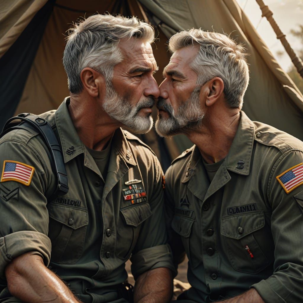 Romantic Military Couple Kissing in Sunlight