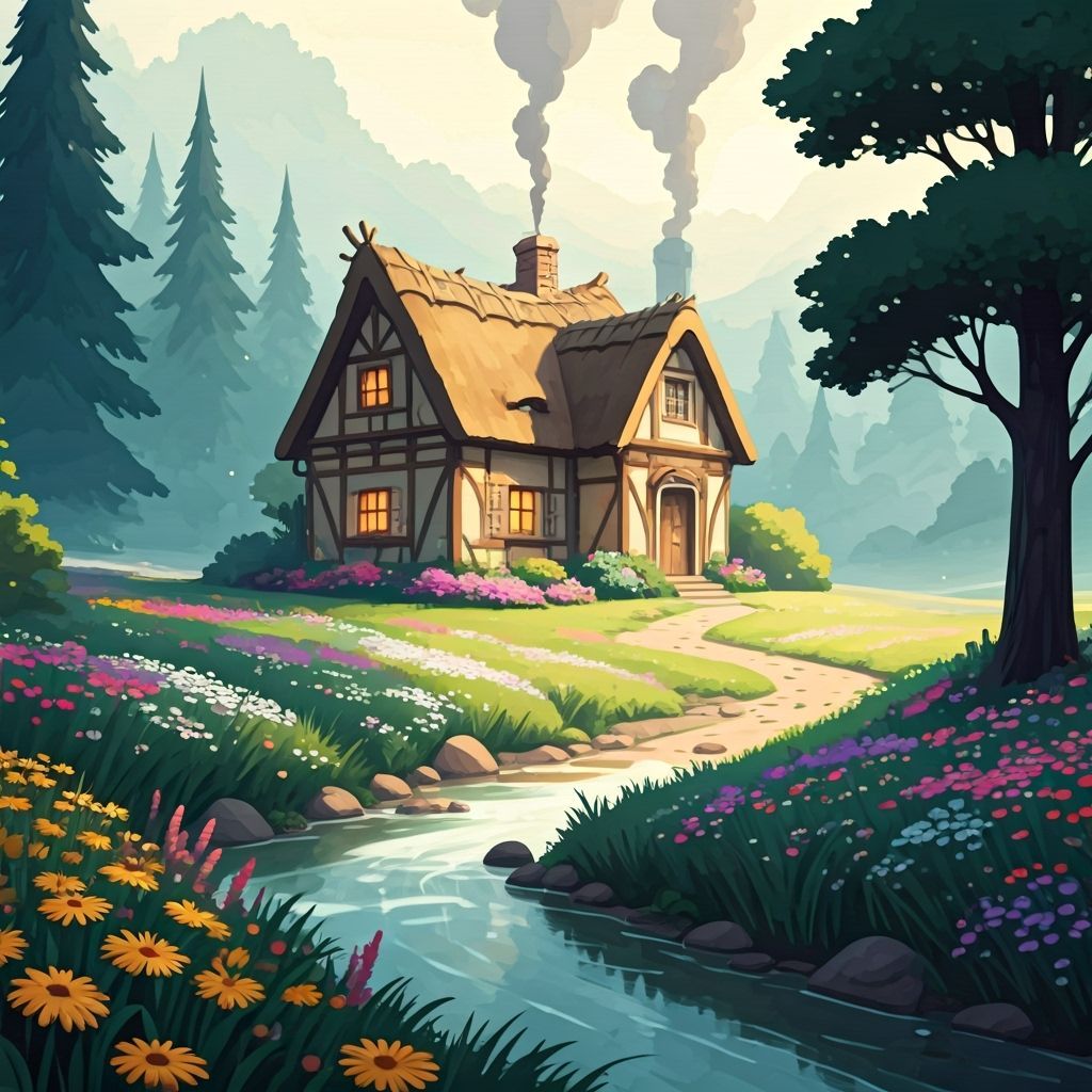 Cozy Thatched Cottage by Babbling Brook in Watercolor Style