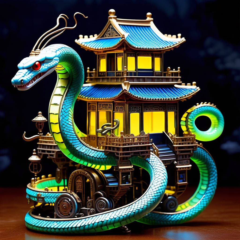 Steampunk Glass Snake Carries Miniature Chinese Palace Metro...