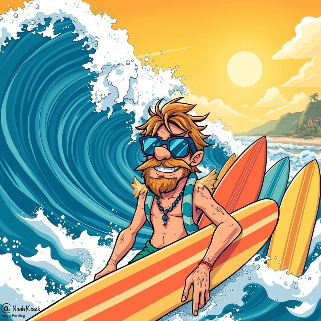 Laid-Back Surf Dude Rides Waves in Vibrant Cartoon Style