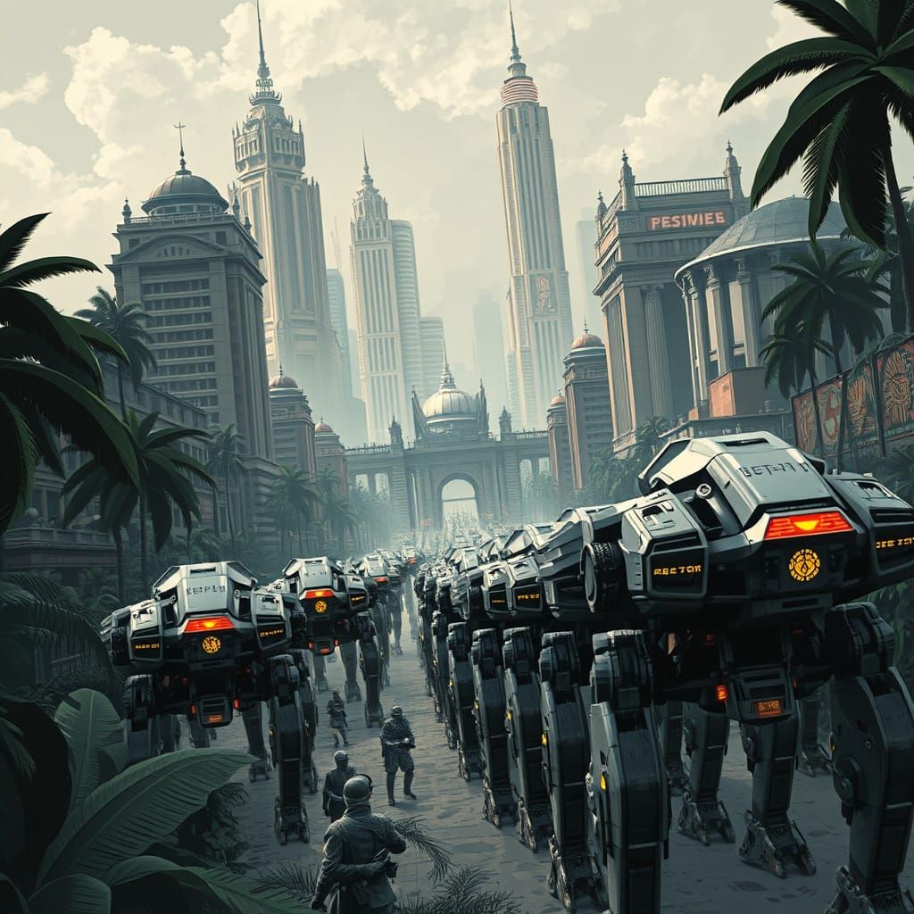 Cyberpunk Spider Tanks March in Dystopian Jungle Metropolis