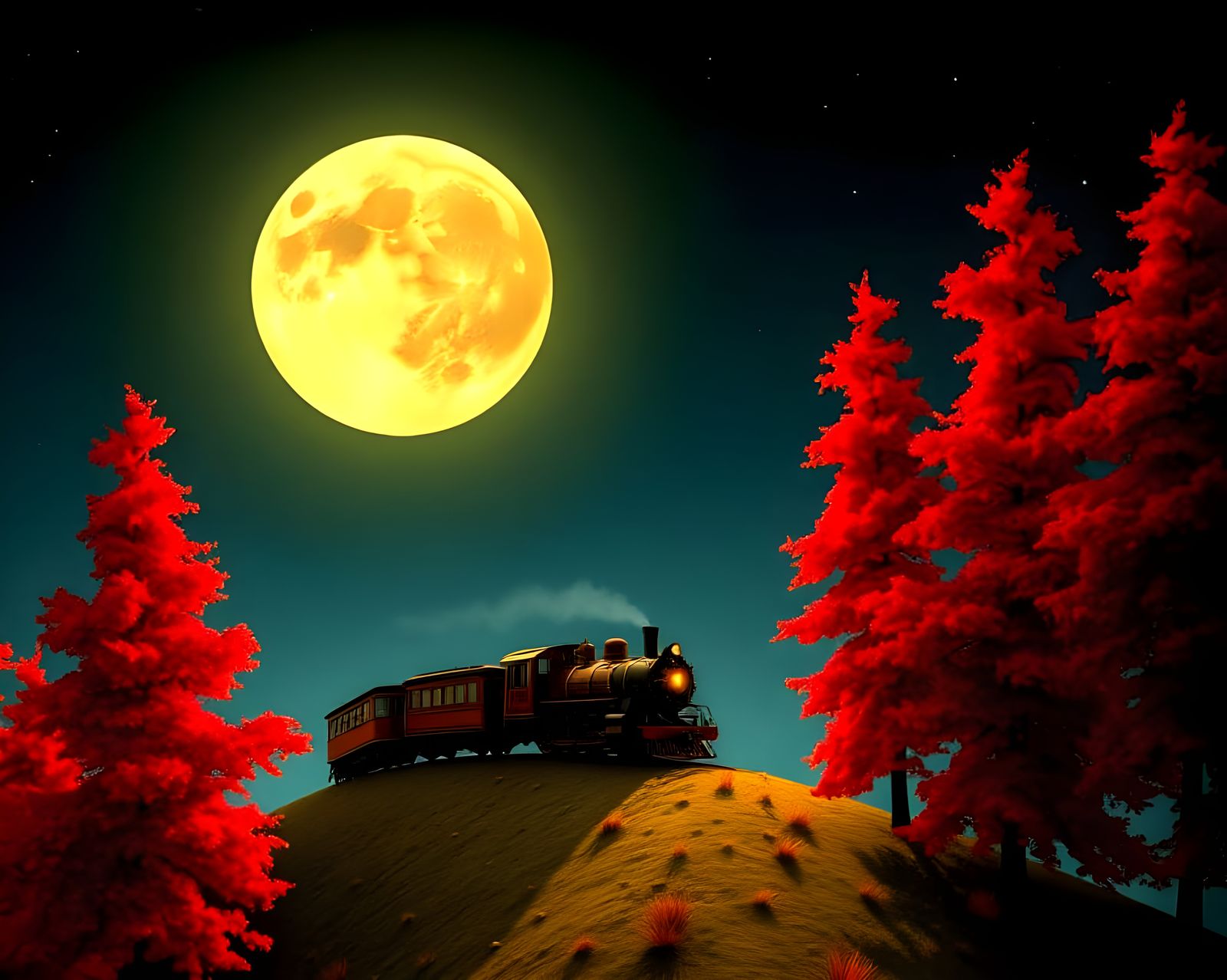 The rube goldberg train climbs the hill with red trees.